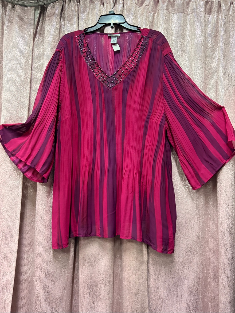 Othr Striped V-Neck Pleated Tunic in Fuchsia and Plum